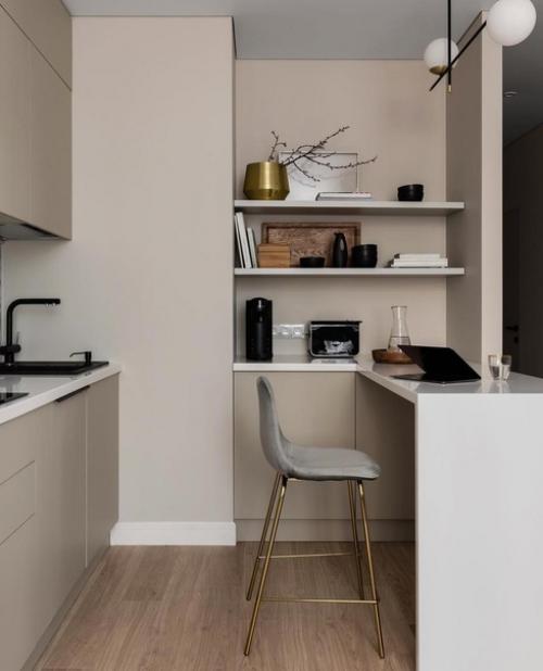 Вместительная, монохромная кухня.