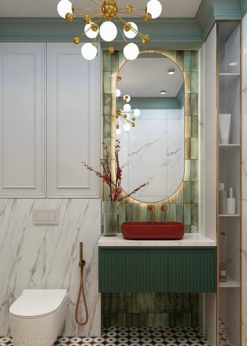 Ванная с характером: зелень, золото и красный акцент. 01
