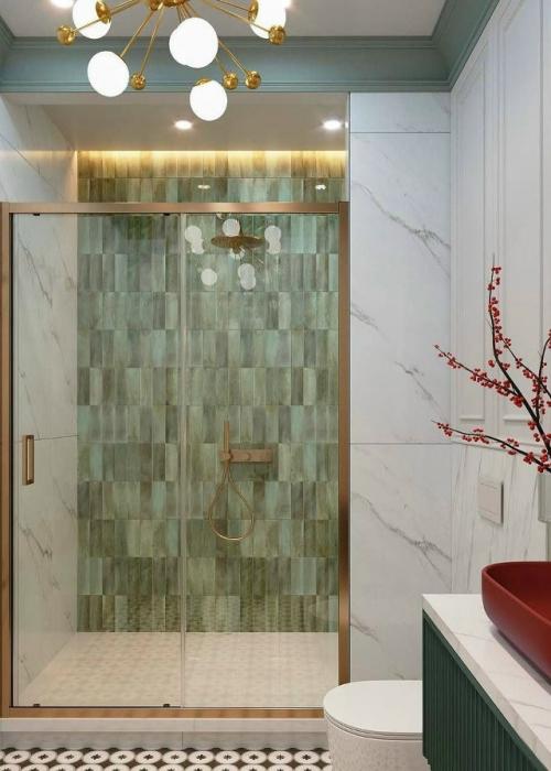 Ванная с характером: зелень, золото и красный акцент. 04