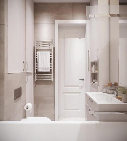 Светлый интерьер небольшой ванной комнаты объединенной с санузлом. 04