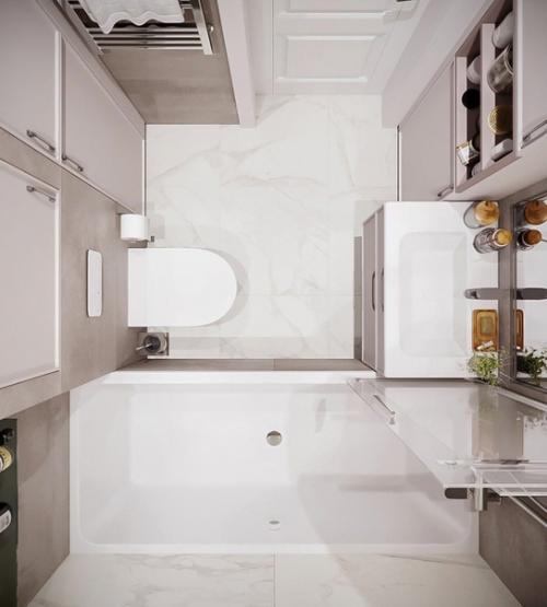 Светлый интерьер небольшой ванной комнаты объединенной с санузлом. 05