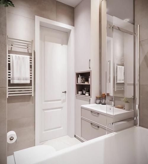 Светлый интерьер небольшой ванной комнаты объединенной с санузлом. 03