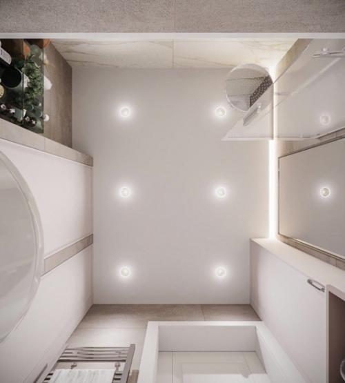 Светлый интерьер небольшой ванной комнаты объединенной с санузлом. 06