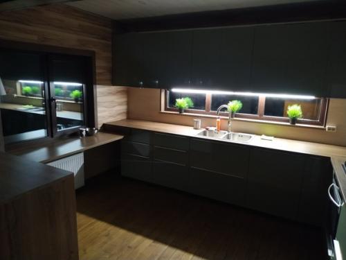 Дачная кухня.  Отличное, классическое решение с барной стойкой и приятным боковым освещением, подчеркивающим зелень. 02