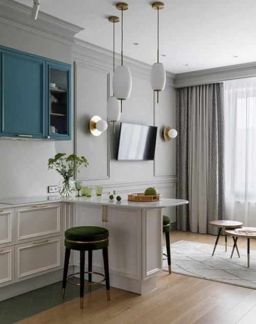 Интересное решение с несимметричной частью кухни.