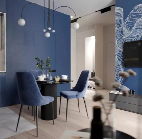 Не частый выбор для интерьера кухни - синий цвет. 06