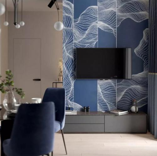 Не частый выбор для интерьера кухни - синий цвет. 05