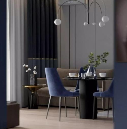 Не частый выбор для интерьера кухни - синий цвет. 02