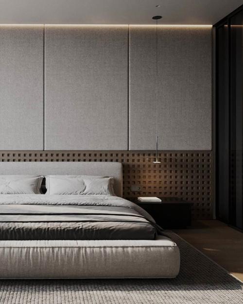 Стильная спальня с гардеробной и акцентной стеной. 02