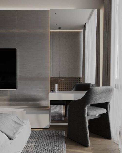 Стильная спальня с гардеробной и акцентной стеной. 04