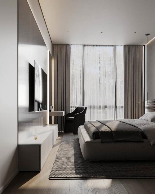 Стильная спальня с гардеробной и акцентной стеной. 03