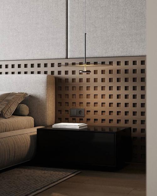 Стильная спальня с гардеробной и акцентной стеной. 01