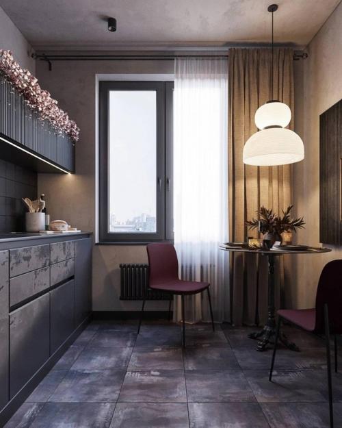 Однушка с характером: бетон, тёмные оттенки и розовые акценты. 03