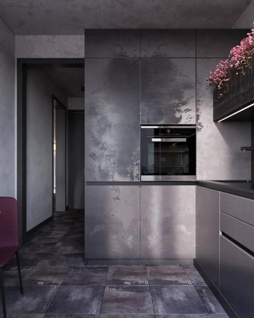 Однушка с характером: бетон, тёмные оттенки и розовые акценты. 02