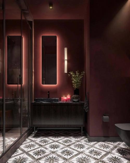 Однушка с характером: бетон, тёмные оттенки и розовые акценты. 08