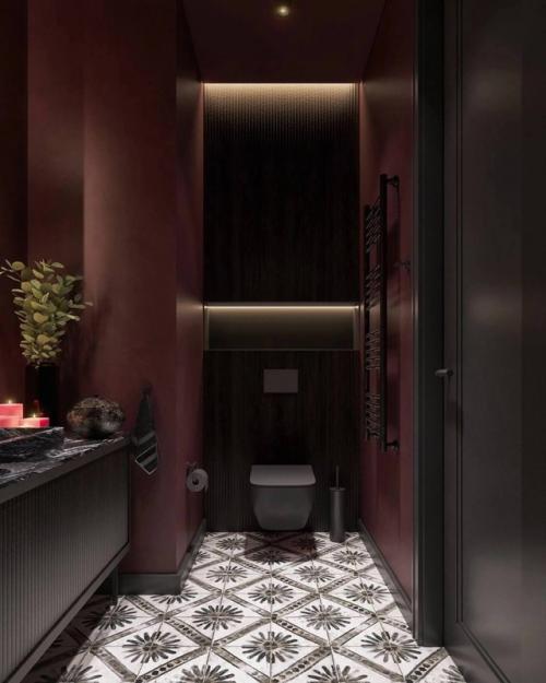 Однушка с характером: бетон, тёмные оттенки и розовые акценты. 09