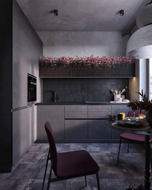 Однушка с характером: бетон, тёмные оттенки и розовые акценты. 01