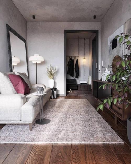 Однушка с характером: бетон, тёмные оттенки и розовые акценты. 04