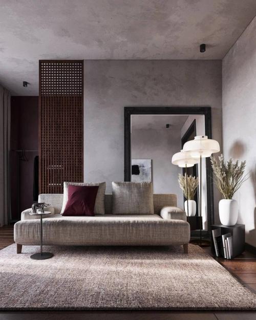 Однушка с характером: бетон, тёмные оттенки и розовые акценты. 05