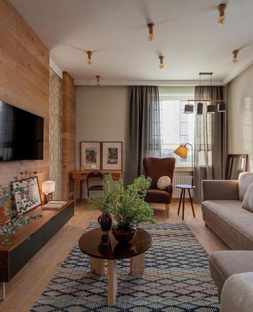 Теплая цветовая гамма для оформления кухни - гостиной в загородном доме. 07