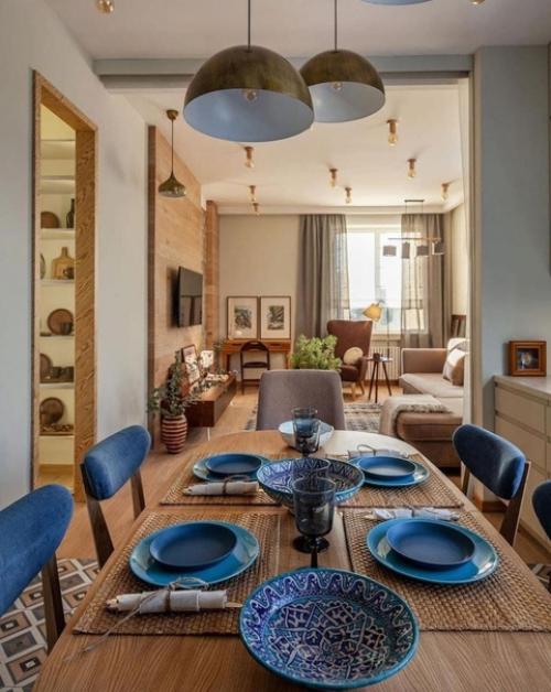 Теплая цветовая гамма для оформления кухни - гостиной в загородном доме. 01