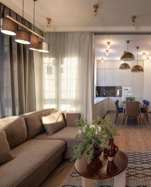 Теплая цветовая гамма для оформления кухни - гостиной в загородном доме. 08