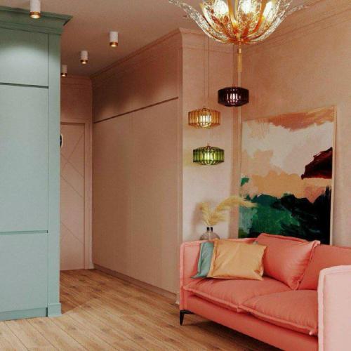 Интерьер яркой студии в стиле нео Мемфис.

