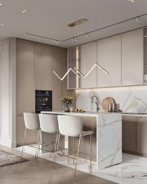 Стильная, современная кухня в бежевом цвете. 01