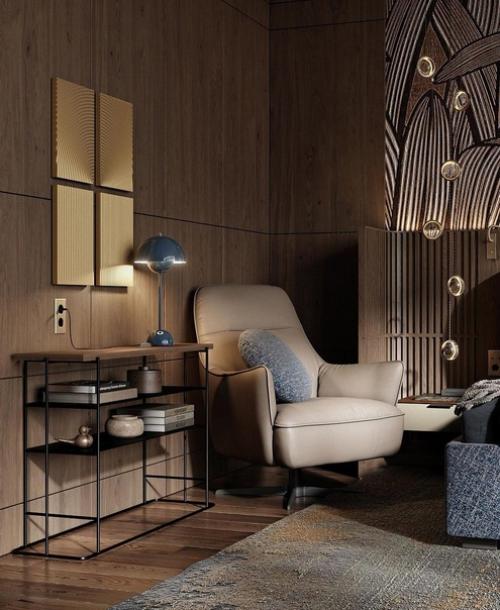 Интерьер просторной спальной комнаты.