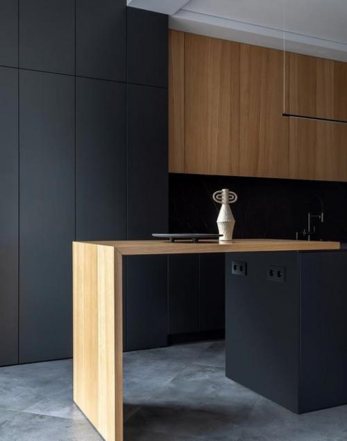 Открытое пространство квартиры в темных оттенках. 02