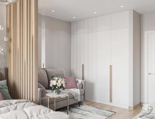 Нежно-голубые оттенки на кухне. 02