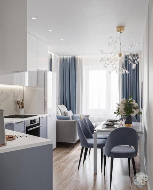 Нежно-голубые оттенки на кухне. 08