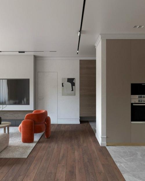 Эстетичный интерьер небольшой кухни - гостиной, где каждая деталь работает на ощущение роскоши и уюта одновременно. 05