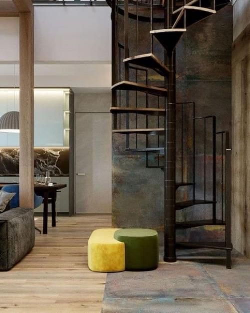 Кyxня - гoстиная в двyxуровневой квaртире.