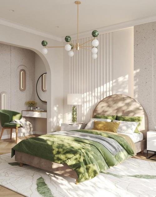 Спальная комната, которая оформлена в весенних тонах. 01