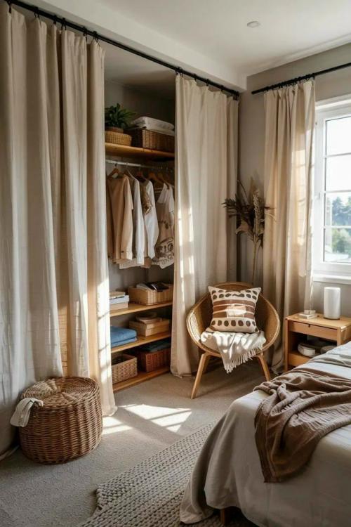 Открытые шкафы со шторами - уютная альтернатива дверцам. 02