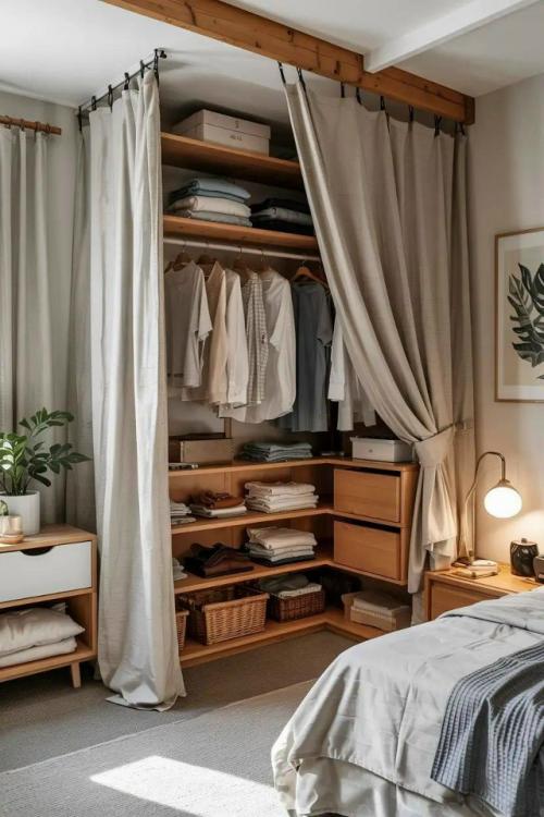 Открытые шкафы со шторами - уютная альтернатива дверцам. 05