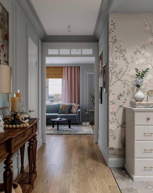 Нежное, симпатичное оформление прихожей. 01