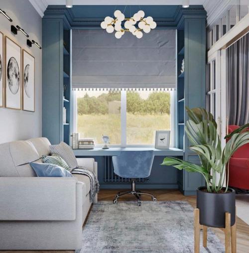 Небольшой кабинет в спокойных тонах, который может стать гостевой комнатой.