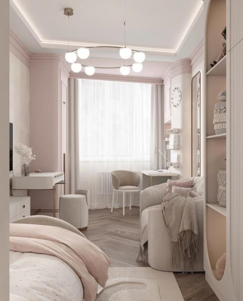 Нежная, приятная спальная комната в пудровых оттенках. 04