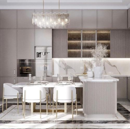Монохромный интерьер в оформлении большой, просторной кухни. 03