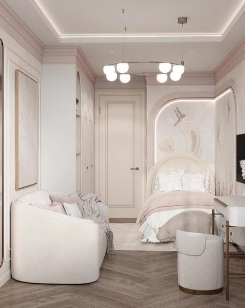 Нежная, приятная спальная комната в пудровых оттенках. 07