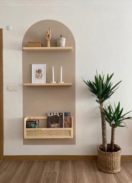 Идеи, как можно оформить стену полочками. 02