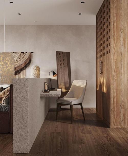 Чудесный пример, как можно оформить спальную комнату в стиле джапанди. 01