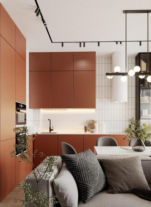 Интерьер с использованием насыщенных цветов, но все они немного приглушенный.