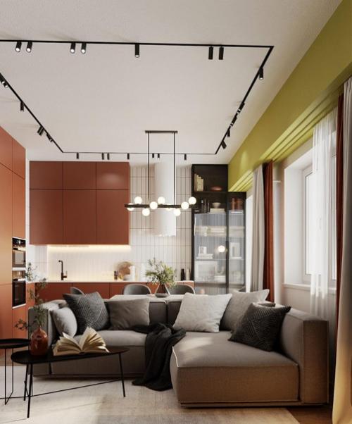 Интерьер с использованием насыщенных цветов, но все они немного приглушенный. 04