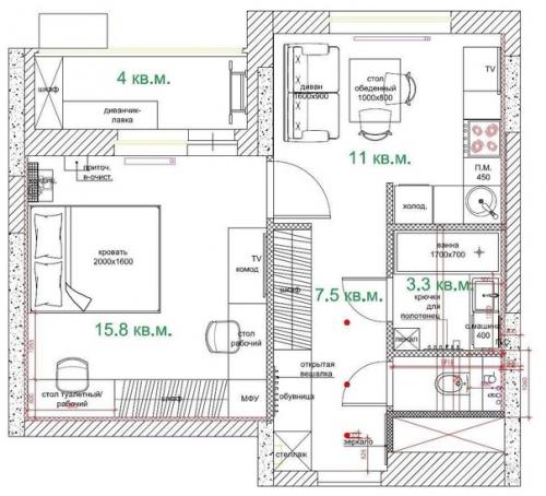 Однушка площадью 43 м 2, которую удалось правильно перепланировать. 08