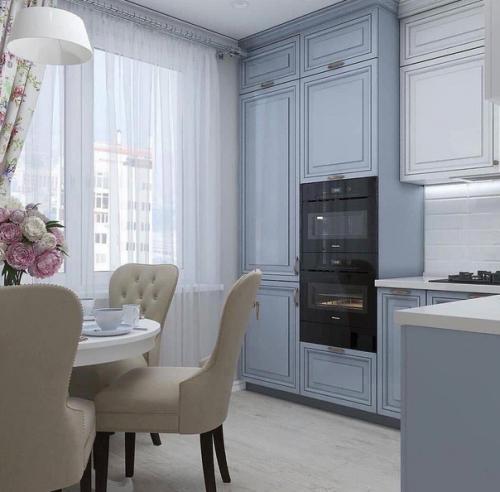 Бледно-голубые тона на этой кухне. 03