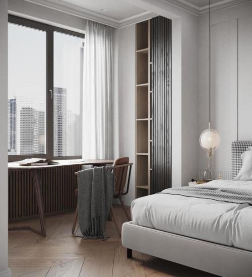 Светлый интерьер. С небольшим количеством темных элементов, которые подчеркивают самые интересные моменты.