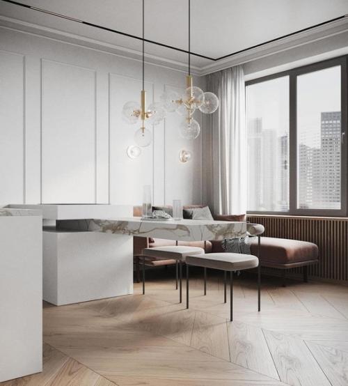 Светлый интерьер. С небольшим количеством темных элементов, которые подчеркивают самые интересные моменты. 01